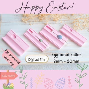 May include: Four pink egg bead rollers, ideal for Easter crafts. The rollers are designed for beads from 8mm to 20mm. The image includes the text "Egg bead roller 8mm - 20mm" and "Happy Easter!".