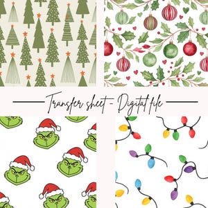 Puede incluir: Un archivo digital con cuatro patrones navideños. Los patrones incluyen árboles de Navidad verdes, adornos con acebo, caras de Grinch con gorros de Papá Noel y guirnaldas de luces de colores. También está presente el texto "Transfer sheet - Digital file".