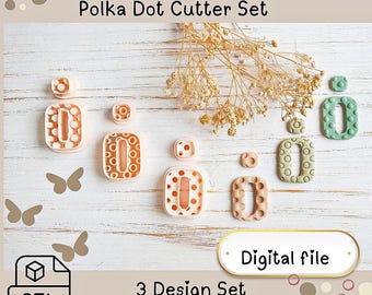 May include: A set of rounded rectangle and polka dot cookie cutters in various colors, including peach, green, and beige. The cutters range from 40mm to 55mm in size. The image includes the text "Rounded Rectangle Polka Dot Cutter Set" and "Digital file".