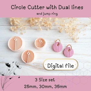 Puede incluir: Un conjunto de tres cortadores circulares color melocotón con líneas dobles y anillas, junto con dos pendientes rosas y dorados. El texto dice "Circle Cutter with Dual lines and jump ring" y "Digital file". Los cortadores miden 25mm, 30mm y 35mm.