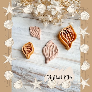 May include: A collection of seashell-shaped cookie cutters in shades of tan and pink, arranged on a light wood surface. The image includes a border of starfish and seashell illustrations, with the text "Digital file".