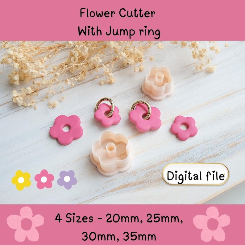 Op de afbeelding: Roze en beige bloemuitstekers met springringen en bloemvormige uitsparingen. De afbeelding bevat de tekst "Flower Cutter With Jump ring" en "Digital file". De uitstekers zijn verkrijgbaar in 4 maten: 20 mm, 25 mm, 30 mm en 35 mm.