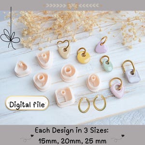 Grundläggande geometriska former med hoppringar Polymer Clay utstansar i STL | Digital nedladdning | Art Deco-utstans för veckade hjärtan i örhängen | 3 storlekar