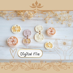 Puede incluir: Una colección de colgantes y sellos de arcilla hechos a mano con motivos florales en varios tamaños y colores, incluyendo blanco, melocotón y lavanda. La imagen incluye el texto "Digital file".