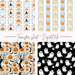 May include: A digital file with four Halloween patterns. One design features framed pumpkins, witch hats, and ghosts. Other patterns include pumpkins, trees, bats, and ghosts. The text "Transfer sheet - Digital file" is also present.