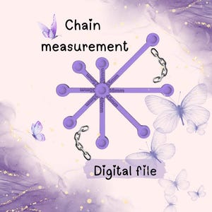 Może przedstawiać: Grafika pliku cyfrowego z fioletowym narzędziem do pomiaru łańcucha, ogniwami łańcucha i motylami. Narzędzie ma wymiary od 20 mm do 55 mm. Obecny jest również tekst "Pomiar łańcucha" i "Plik cyfrowy".