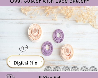 May include: A set of oval cutters with a lace pattern, in shades of light pink and purple. The cutters range from 30mm to 50mm in size. The image includes the text "Oval Cutter with Lace pattern" and "Digital file".