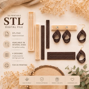 May include: An image showcasing 3D printable STL digital files for earrings. The image displays various earring designs in brown and beige, along with the text "STL DIGITAL FILE". The designs include multiple shapes and sizes, perfect for 3D printing.
