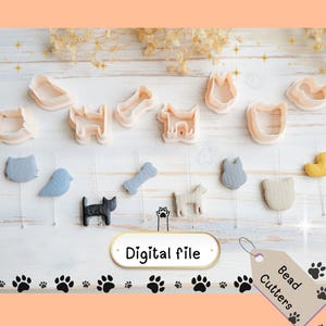 May include: A collection of pet-themed bead cutters and felt shapes. The cutters are in the shapes of a cat, dog, bone, and paw prints. The felt shapes include a cat, bird, bone, dog, and duck. The words "Digital file" and "Bead Cutters" are visible.