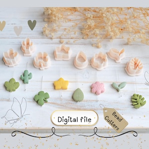 May include: A collection of various plant-themed bead cutters and finished beads in shades of pink, green, and yellow. The cutters are in the shape of flowers, leaves, and cacti. The words "Digital file" and "Bead Cutters" are visible.
