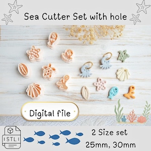 May include: A set of sea-themed cookie cutters in various shapes, including starfish, shells, and sea creatures. The set includes cutters in two sizes: 25mm and 30mm. The text "Sea Cutter Set with hole" and "Digital file" are visible.
