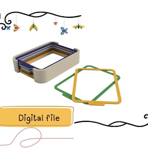 Puede incluir: Un conjunto de recipientes rectangulares anidados de colores con un marco beige. Dos marcos cuadrados, uno verde y otro amarillo, est&aacute;n junto a los recipientes. Las palabras "Digital file" est&aacute;n en un cuadro amarillo.