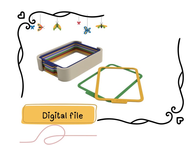 Puede incluir: Un conjunto de recipientes rectangulares anidados de colores con un marco beige. Dos marcos cuadrados, uno verde y otro amarillo, est&aacute;n junto a los recipientes. Las palabras "Digital file" est&aacute;n en un cuadro amarillo.