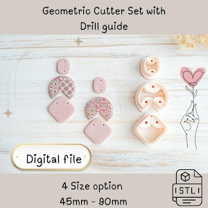 May include: A geometric cutter set with a drill guide. The set includes various shapes, including half-circles and diamonds, in a light pink color. The text "Digital file" is displayed. The size options range from 45mm to 90mm.