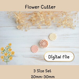 May include: Three flower cutters in pink and cream, arranged on a light wooden surface. The image includes the text "Flower Cutter", "Digital file", and "3 Size Set 20mm-30mm". The cutters range from 20mm to 30mm in size.