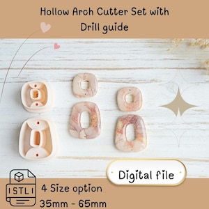 May include: A set of hollow arch cutter tools and finished arch-shaped pieces. The tools are light pink, and the finished pieces have a marbled pink and beige pattern. Text on the image reads "Hollow Arch Cutter Set with Drill guide", "4 Size option 35mm - 65mm", and "Digital file".