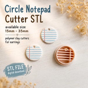 May include: A digital STL file for a circle notepad cutter, featuring two white circular clay pieces with blue horizontal lines and a red vertical margin line, alongside a peach-colored circular cutter tool. Text includes Circle Notepad Cutter STL.