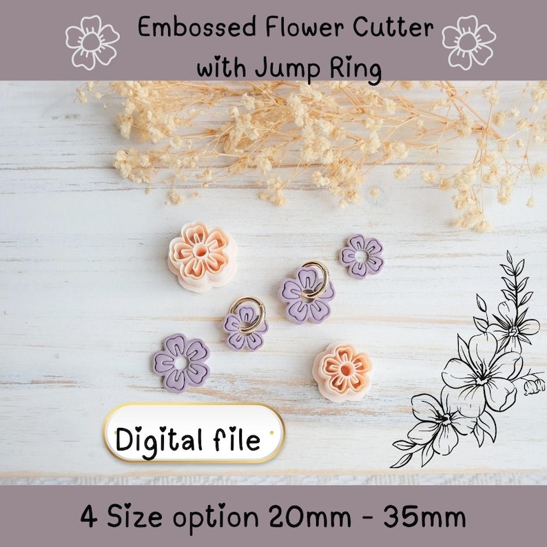 May include: Embossed flower cutters with jump rings in various sizes. The cutters are in shades of peach and lavender, with gold-colored jump rings. The image includes the text "Digital file" and "4 Size option 20mm - 35mm".