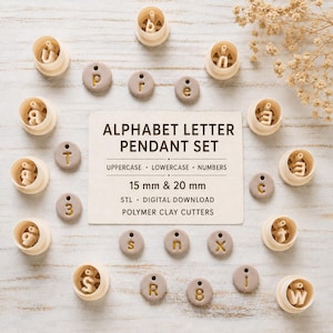 May include: A set of beige polymer clay cutters for alphabet letter pendants, including various letters and numbers. A central card displays the text ALPHABET LETTER PENDANT SET, UPPERCASE, LOWERCASE, NUMBERS, 15 mm & 20 mm, STL, DIGITAL DOWNLOAD, POLYMER CLAY CUTTERS.