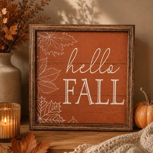 May include: A square wooden sign with a dark brown frame featuring a burnt orange background. The sign displays the white text "hello FALL" in a mix of script and serif fonts, accented by white line-art maple leaves along the left side.