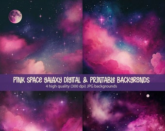 Nebula Star Galaxy Backgrounds - 4 Pink Space Digital and Printable Paper, Watercolor Stardust, Universe, Cosmic Night Sky