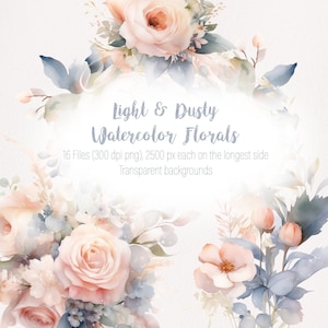 Puede incluir: Diseño floral en acuarela con rosas rosas suaves, hojas azul-gris y delicados capullos. La imagen incluye el texto "Light & Dusty Watercolor Florals" y detalles sobre los archivos.