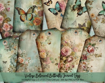 10 Shabby Floral Botanical Vintage Journal Tags, Digital and Printable Tags, Flowers Ephemera, Junk Journal Supplies and Inserts, Gift Tags