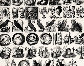 Vintage Halloween Clipart, Antique Halloween Clip Art Graphics, Skulls, Bats, Owls, Spiders, Witches, Moon, Cats Ephemera Instant Download
