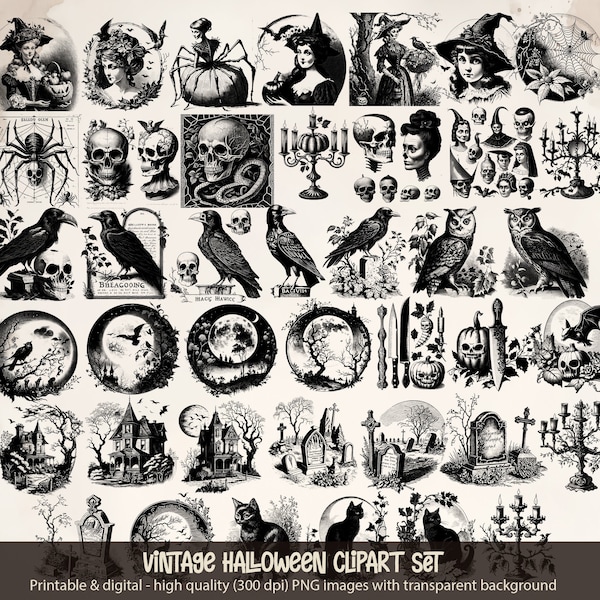 Vintage Halloween Clipart, Antique Halloween Clip Art Graphics, Skulls, Bats, Owls, Spiders, Witches, Moon, Cats Ephemera Instant Download