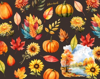 Watercolor Fall Clipart - Autumn Vibrant Watercolour in PNG format, Instant Download for Commercial Use