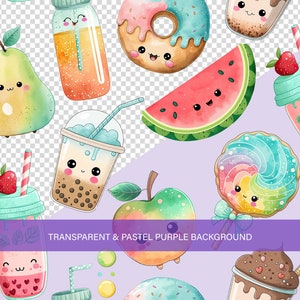 Può includere: Illustrazione ad acquerello di vari simpatici alimenti, tra cui una ciambella, una fetta di anguria e tè boba. L'immagine ha uno sfondo trasparente e viola pastello. Il testo "TRANSPARENT & PASTEL PURPLE BACKGROUND" è presente.