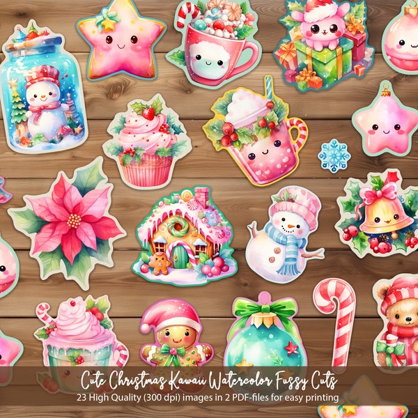 Cute Kawaii Christmas Clipart | Watercolor Christmas Fussy Cuts | Scrapbooking | Printable Stickers | Digital Download | Commercial Use