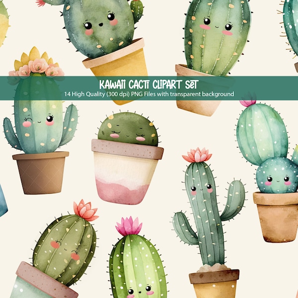 Cute Kawaii Cactus Clip Art - 14 High-Quality PNG Files, Cactus Graphic, Houseplant Clipart, Watercolor Style, Potted, Succulent Clipart