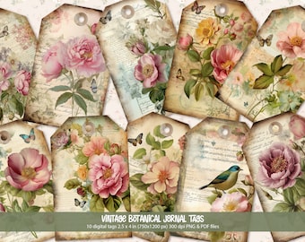 10 Shabby Floral Botanical Vintage Journal Tags, Digital and Printable Tags, Flowers Ephemera, Junk Journal Supplies and Inserts, Gift Tags