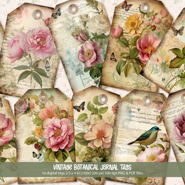 10 Shabby Floral Botanical Vintage Journal Tags, Digital and Printable Tags, Flowers Ephemera, Junk Journal Supplies and Inserts, Gift Tags