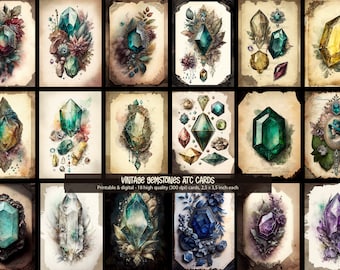 18 ATC Cards Gemstones Crystals Watercolor Vintage Style (Printable & Digital)