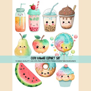 Niedliches Kawaii-Clipart-Set, digitale und druckbare PNG-Dateien, bezaubernde Lebensmittel, Getränke und Süßigkeiten, Cliparts für Tagebücher, Kindergeburtstage, Kritzeleien Bild 4