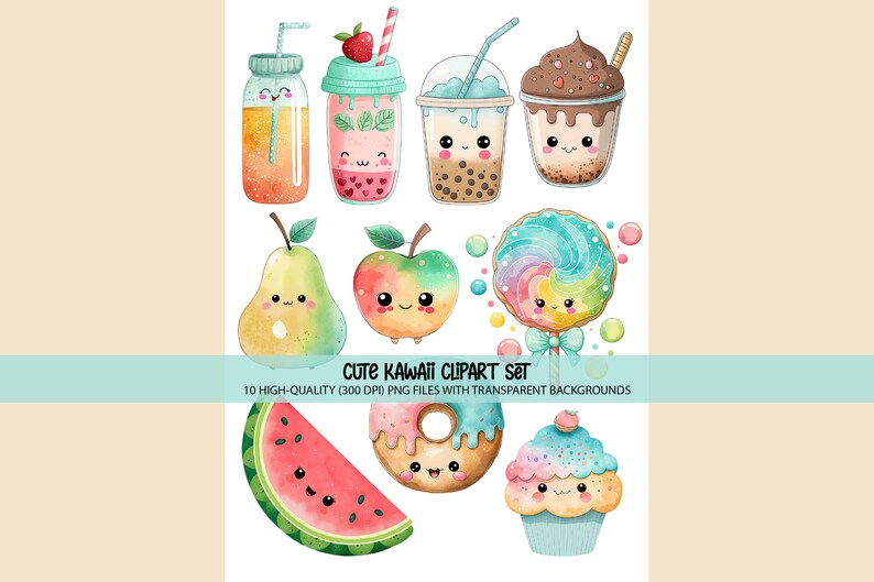 Niedliches Kawaii-Clipart-Set, digitale und druckbare PNG-Dateien, bezaubernde Lebensmittel, Getränke und Süßigkeiten, Cliparts für Tagebücher, Kindergeburtstage, Kritzeleien Bild 4