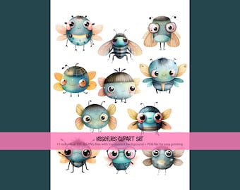 Niedliches Kawaii-Stubenfliegen-Clipart-Set – Digital und druckbar – 11 PNG-Clipart-Dateien mit transparentem Hintergrund, Sofort-Download, bezaubernde Fliegen