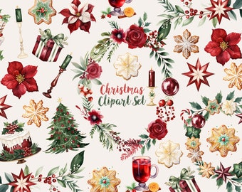 Watercolor Christmas Clipart Set - Classic Colors, Christmas Tree, Christmas Wreath, Watercolor Winter Clipart, Winter Greenery, Burgundy