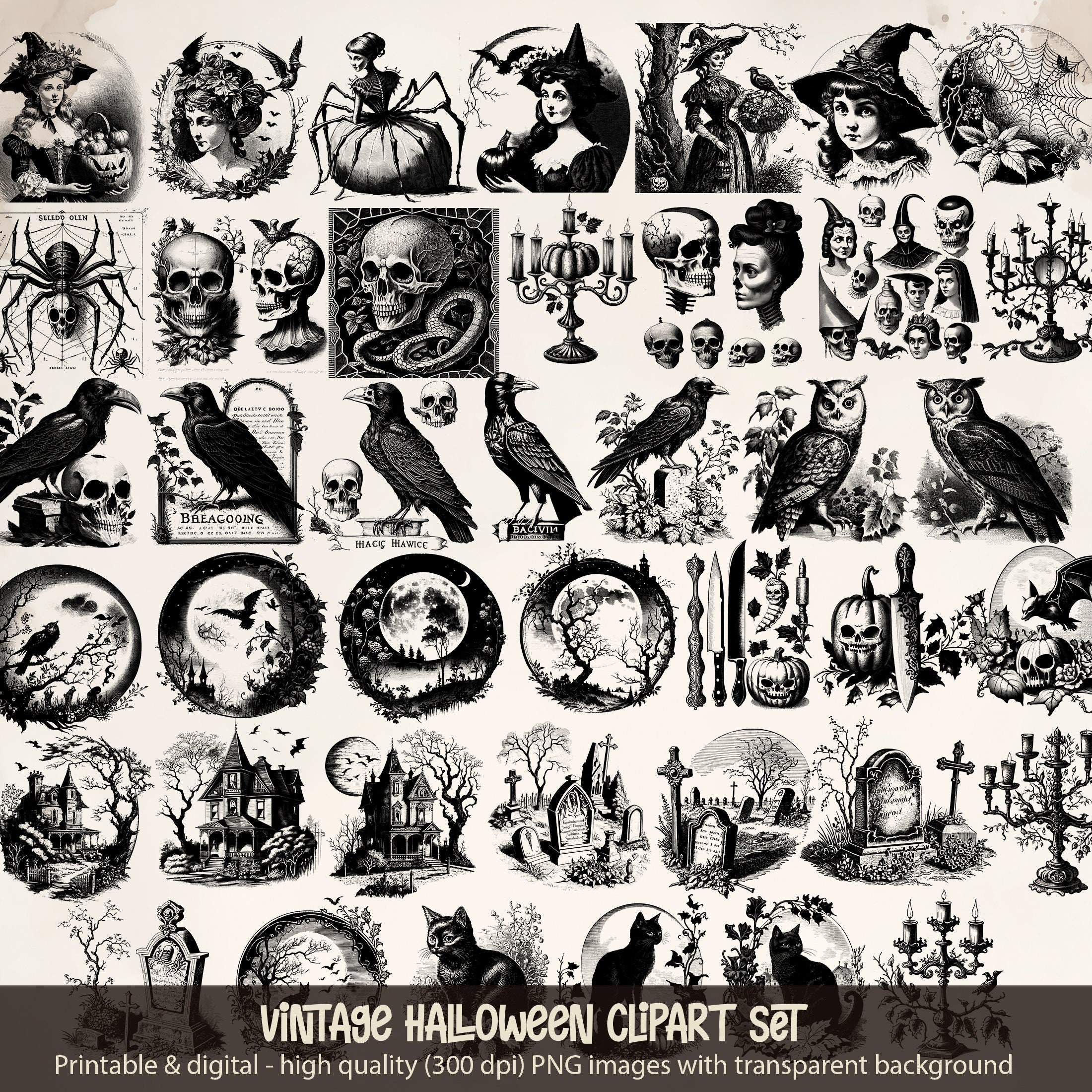 Vintage Halloween Clipart, Antique Halloween Clip Art Graphics, Skulls