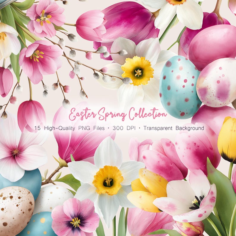 Easter Spring Clipart Bundle - 15 Watercolor PNG Eggs, Chickens ...