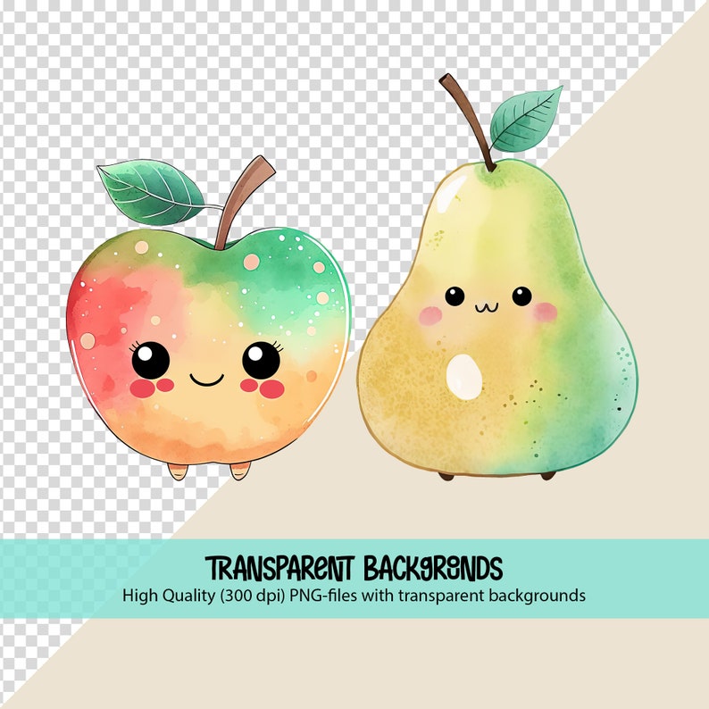 K&ouml;nnte beinhalten: Aquarellillustration eines niedlichen Apfels und einer Birne mit l&auml;chelnden Gesichtern. Der Apfel ist rot, gr&uuml;n und gelb mit einem braunen Stiel und einem gr&uuml;nen Blatt. Die Birne ist gr&uuml;n und gelb mit einem braunen Stiel und einem gr&uuml;nen Blatt. Text: "TRANSPARENT BACKGROUNDS".