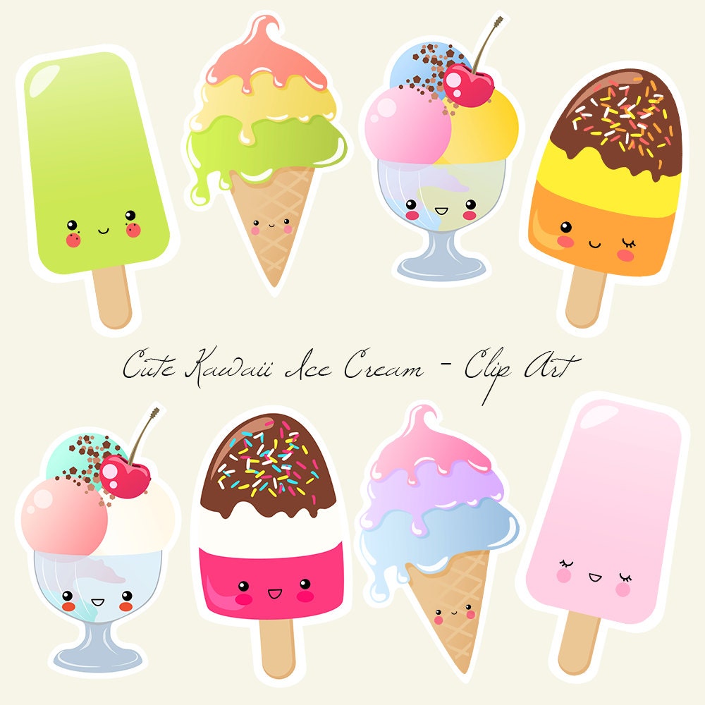 Cute Kawaii Ice Creams Digital and Printable Clip Art Etsy