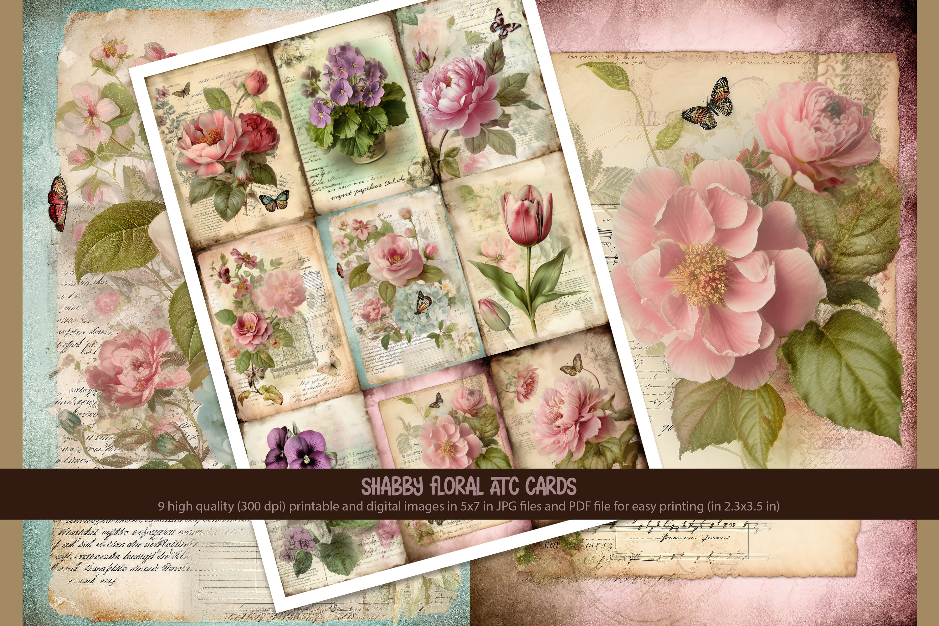 9 Shabby Floral Botanical Printable and Digital ATC Cards, PDF Collage ...