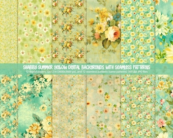 12 gula soliga shabby blompapper och sömlösa mönster, vintageblommor, digital nedladdning, utskrivbara papper, gul, aqua, scrapbooking
