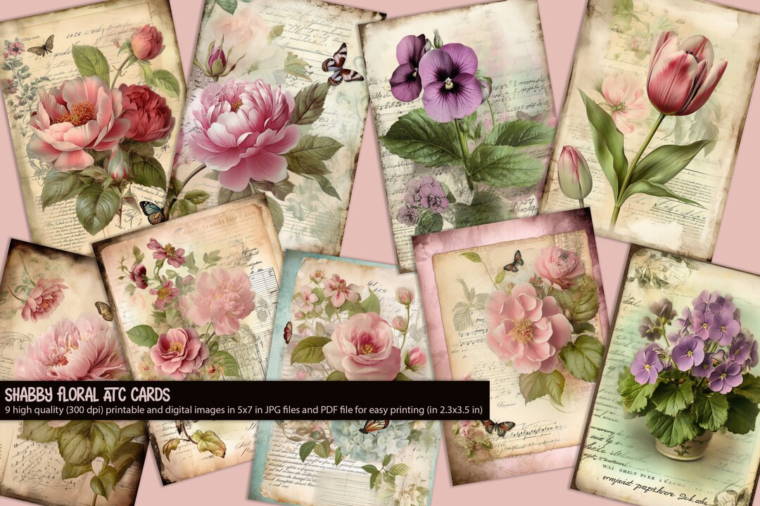 9 Shabby Floral Botanical Printable and Digital ATC Cards, PDF Collage ...