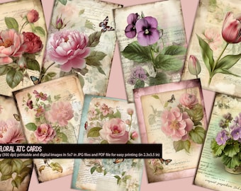 9 Shabby Floral Botanical Printable and Digital ATC Cards, PDF Collage Sheet, JPG files, Artist Trading Cards, Vintage Junk Journaling