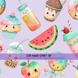 K&ouml;nnte beinhalten: Eine Sammlung niedlicher Illustrationen im Aquarellstil mit verschiedenen Speisen und Getr&auml;nken, darunter ein Donut, ein Cupcake, eine Wassermelonen-Scheibe und Bubble Tea. Der Text "CUTE KAWAII CLIPART SET" ist auf einem lila Banner zu sehen.