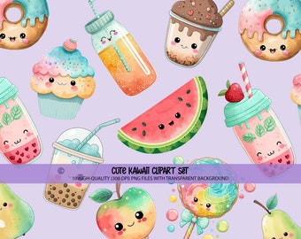 Cute Kawaii Clipart Set, Digital and Printable PNG files, Adorable Food Drink Sweets, Journal clip art, Kids birthday, Doodles